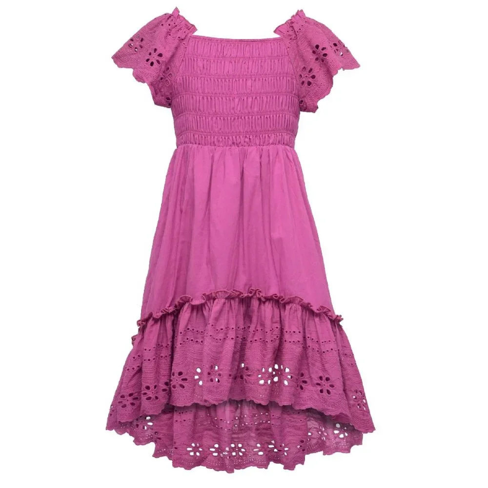 NEW Boutique Hannah Banana Purple Hi Low Eyelet Smocked Girls Dress‎ 6x 7 8 10